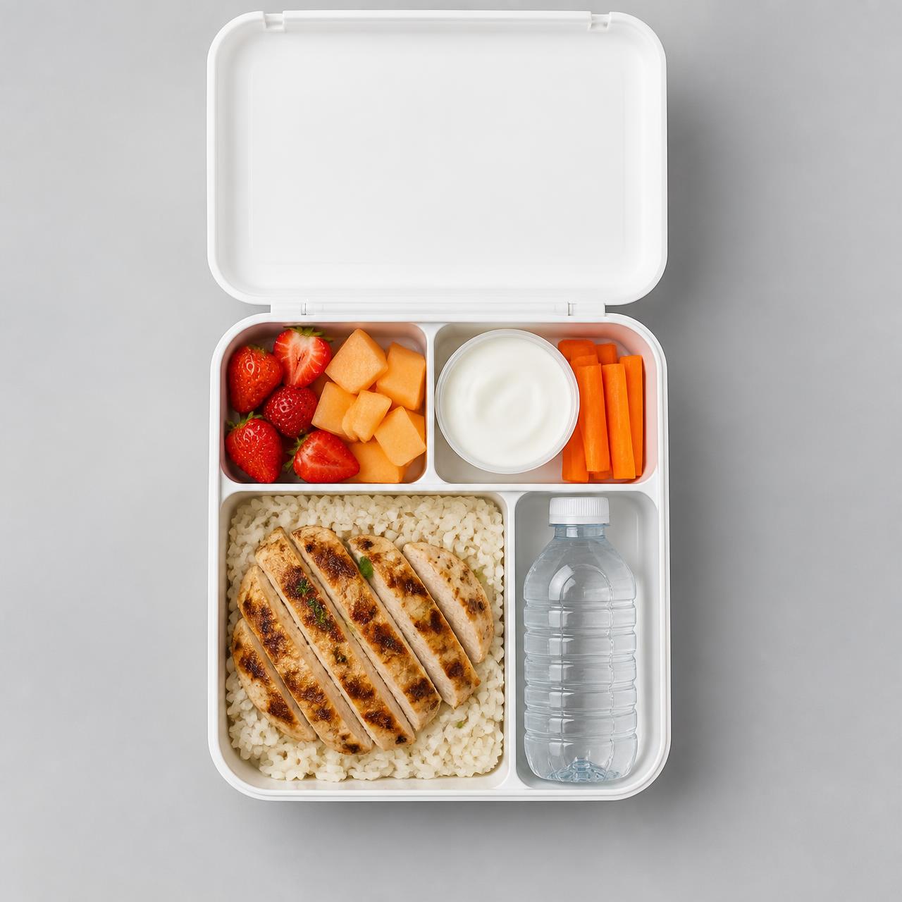 Top-down view of an open school meal box with grilled chicken and rice, fruit, yogurt, vegetables and water